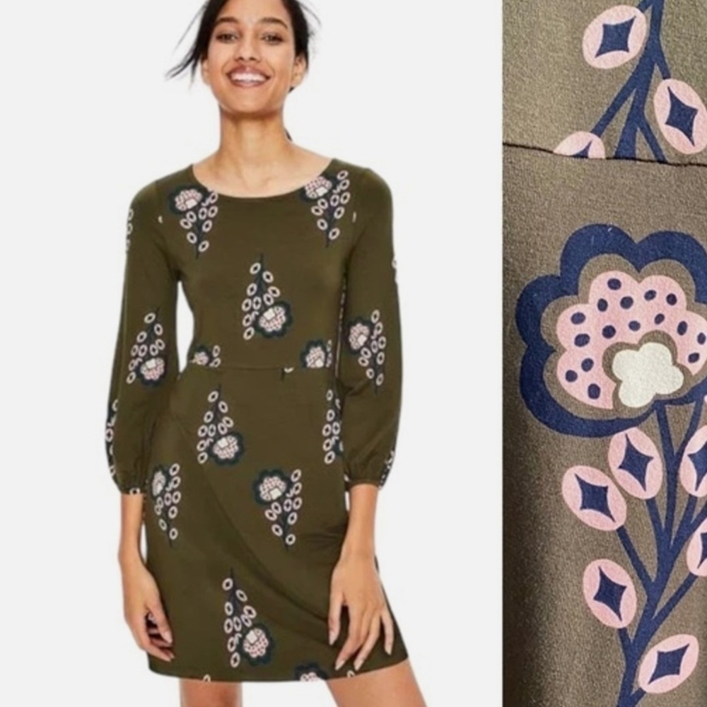 Boden Olive Green Pink Floral Print Lucille Jersey Tunic Long Sleeve Dress  10L
